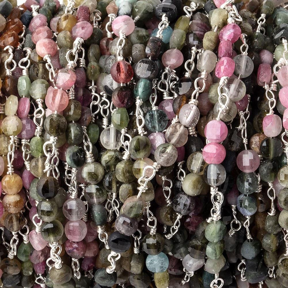 4mm Multi Color Tourmaline Faceted Coin Trio Silver Plated Chain by the Foot 51 Beads (ONLINE ORDER ONLY)