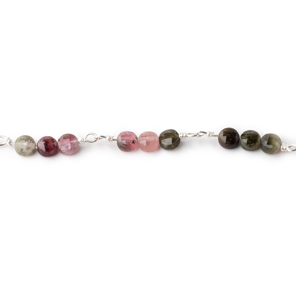 4mm Multi Color Tourmaline Faceted Coin Trio Silver Plated Chain by the Foot 51 Beads (ONLINE ORDER ONLY)