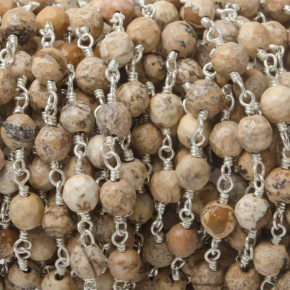 4mm Picture Jasper faceted rounds Silver Plated Wire Wrapped Chain (ONLINE ORDER ONLY)
