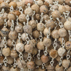 4mm Picture Jasper faceted rounds Silver Plated Wire Wrapped Chain (ONLINE ORDER ONLY)