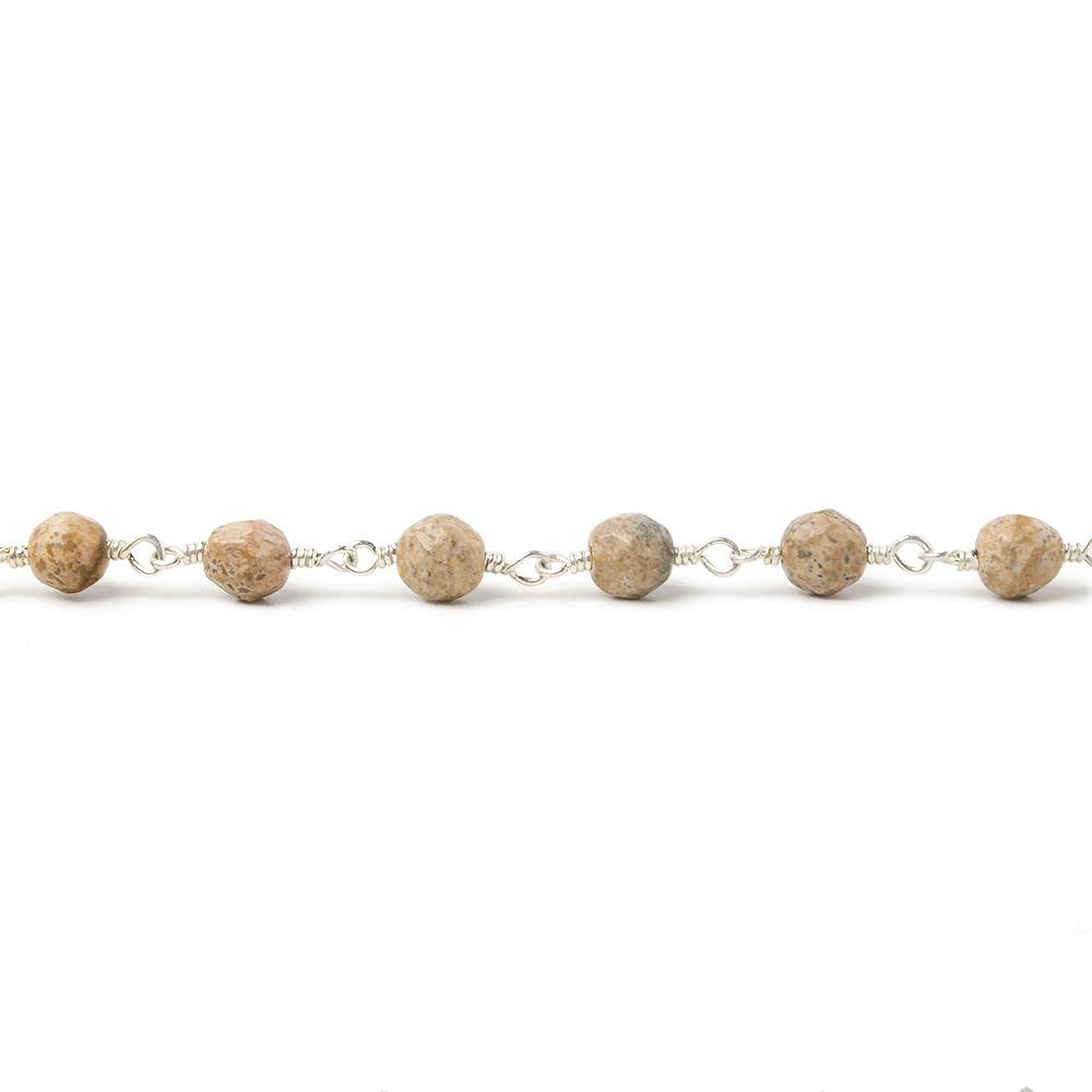 4mm Picture Jasper faceted rounds Silver Plated Wire Wrapped Chain (ONLINE ORDER ONLY)