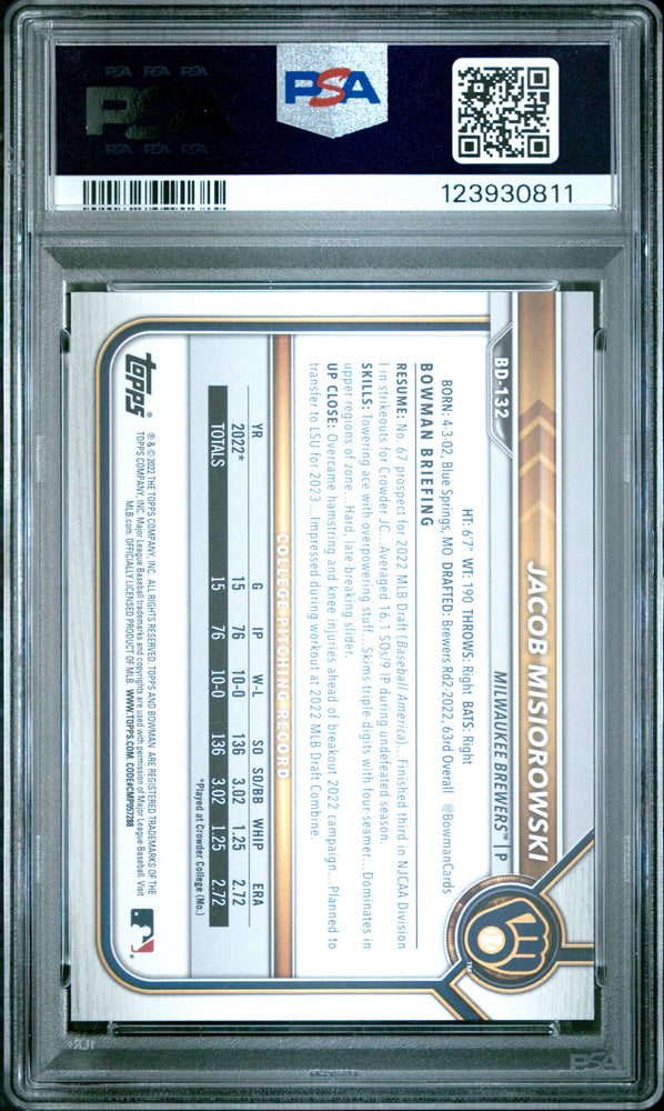 Graded 2022 Topps Bowman Draft Jacob Misiorowski #BD132 Rookie RC Baseball Card PSA 9 Mint (ONLINE ORDER ONLY)