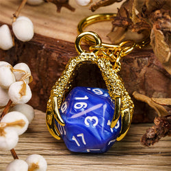 Claw Blue D20 Keychain Featuring Gold Metal Dragon Claw + d20 (Online Only)