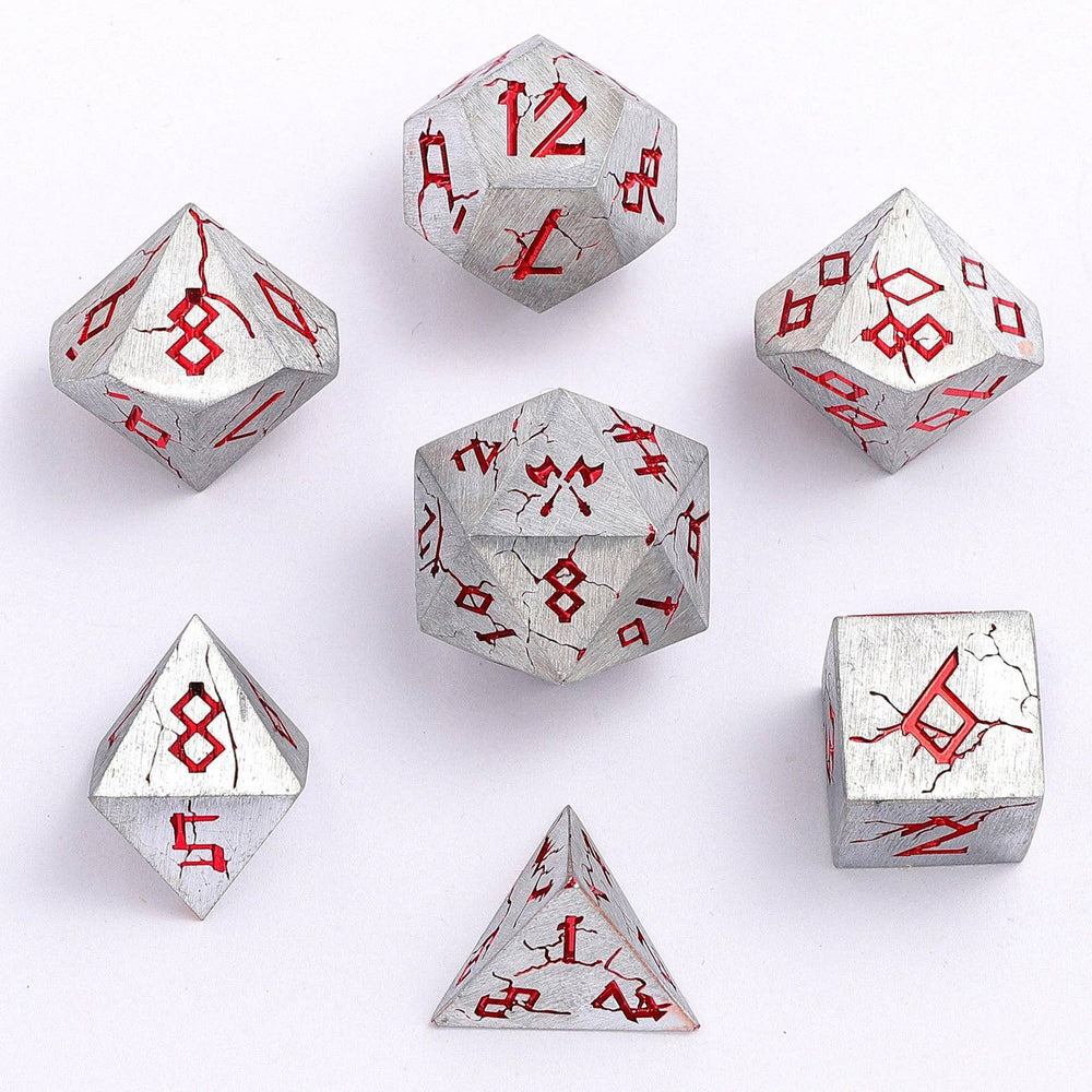 Barbarian Solid Metal Polyhedral Dice Set - Matte Silver Red (ONLINE ORDER ONLY)