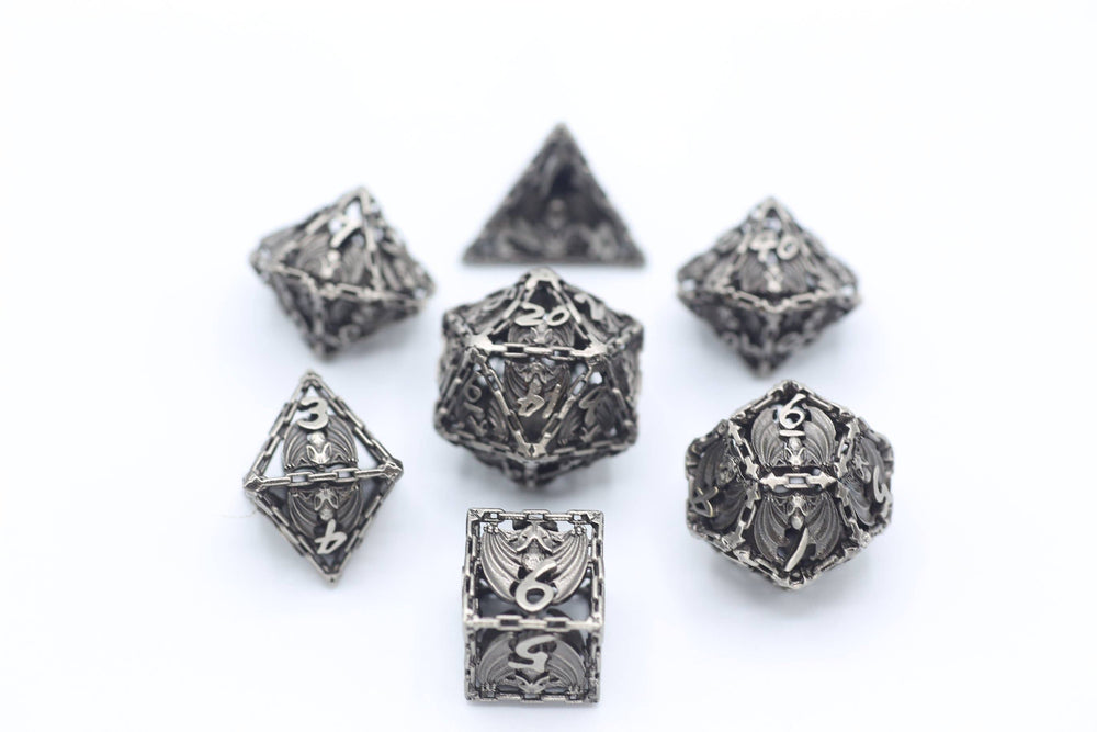 Ancient Silver Hollow Metal Bat Polyhedral Dice Set (ONLINE ORDER ONLY)