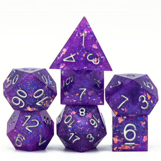 Purple Glitter Sharp Edge DND Dice Set | Gold Flake w/Silver Numbers (Online Only)