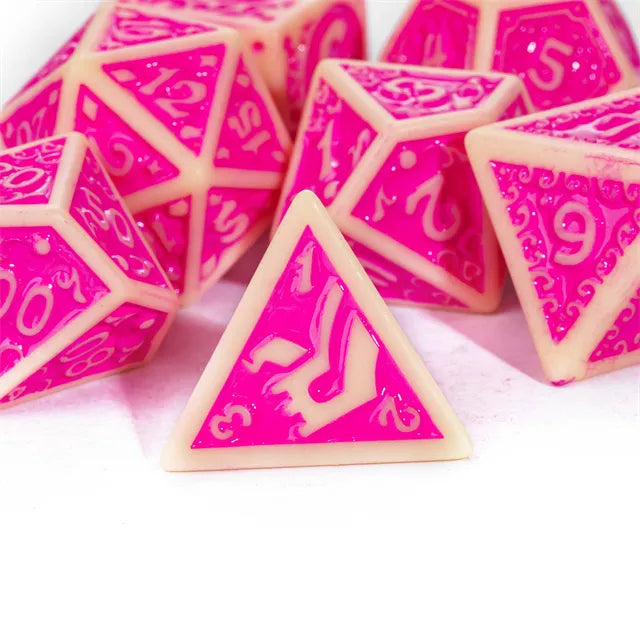 Off-White with Pink Irregular Pattern Fill: 7-Piece Acrylic Dice Set (Online Only)