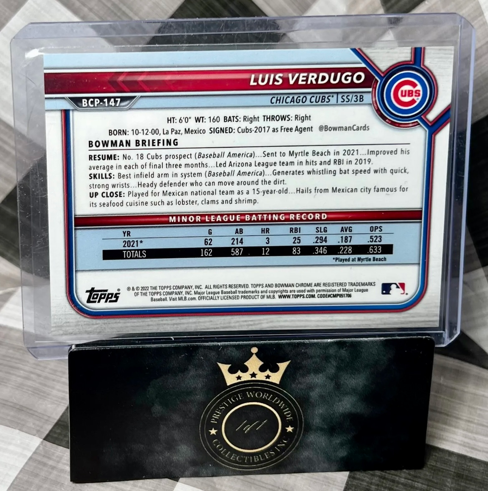Luis Verdugo 2022 Bowman Chrome 1st Fuscia Wave /199 #BCP-147 - Cubs (ONLINE ORDER ONLY)