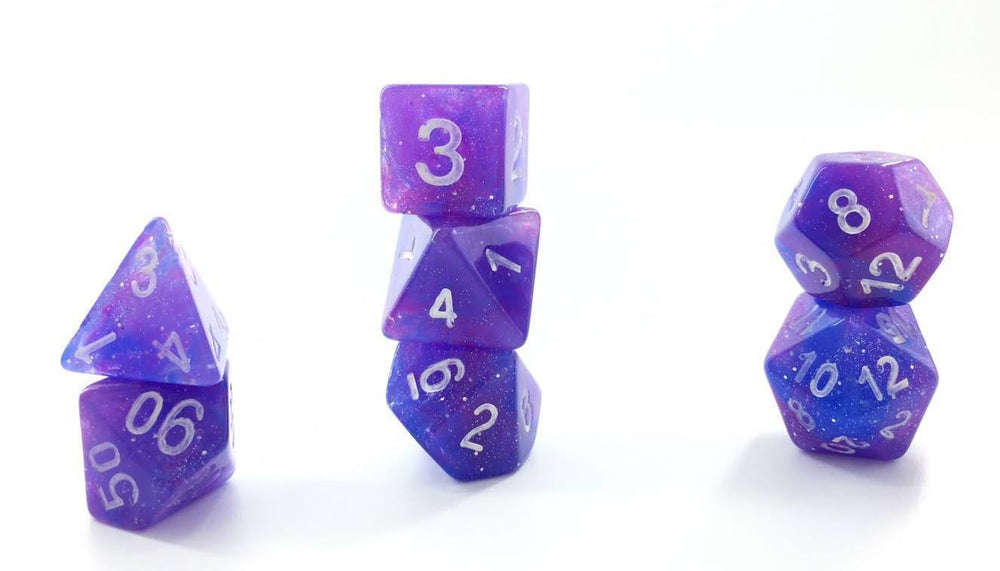 Purple Nebula Glitter Poly Dice Set (7) Semi-Translucent New RPG DnD Space Roll (Online Only)