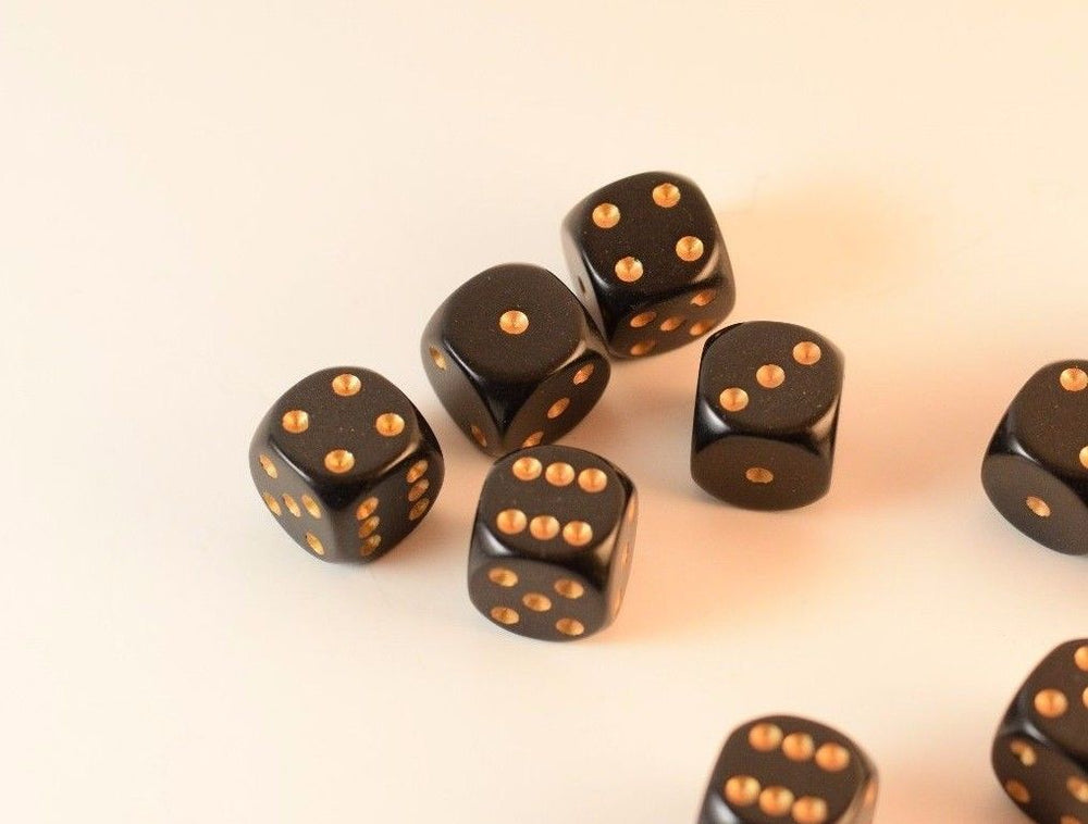 Opaque 16mm D6 RPG Chessex Dice (10 Dice) Solid Black with Gold Pips Bunco (Online Only)
