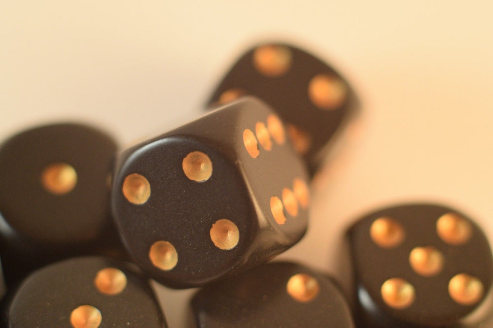 Opaque 16mm D6 RPG Chessex Dice (10 Dice) Solid Black with Gold Pips Bunco (Online Only)