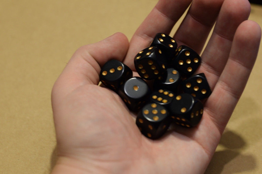 Opaque 16mm D6 RPG Chessex Dice (10 Dice) Solid Black with Gold Pips Bunco (Online Only)