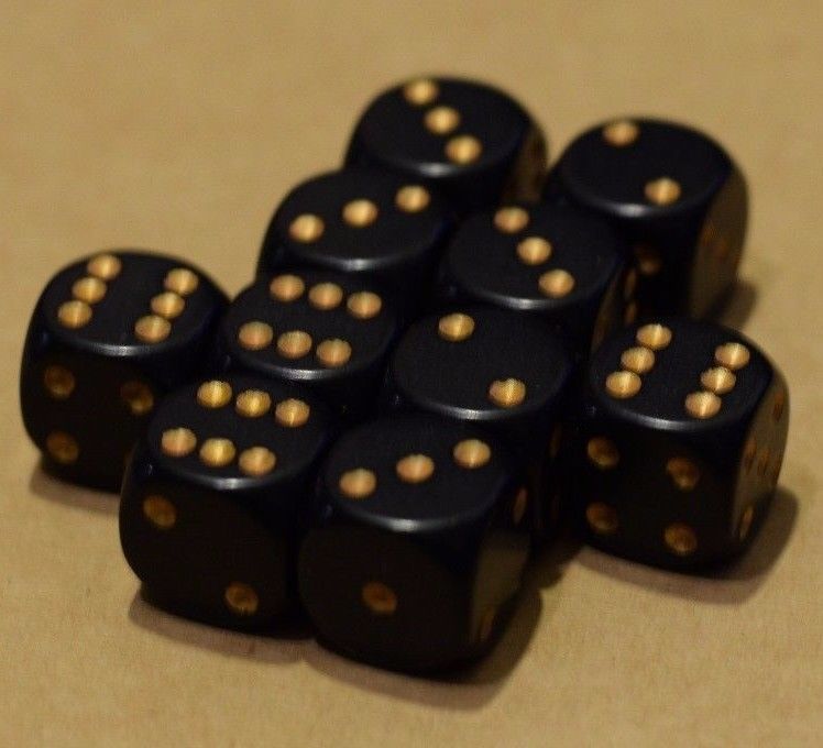 Opaque 16mm D6 RPG Chessex Dice (10 Dice) Solid Black with Gold Pips Bunco (Online Only)