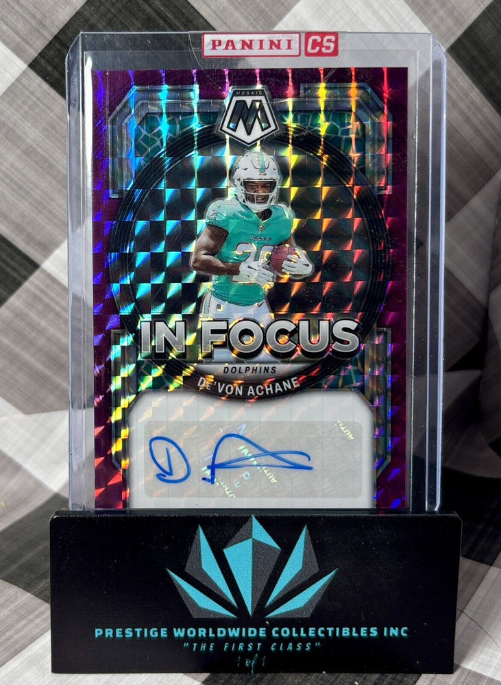 Devon Achane 2023 Mosaic In Focus Purple Auto /49 #IF-DAC Miami Dolphins RC (ONLINE ORDER ONLY)
