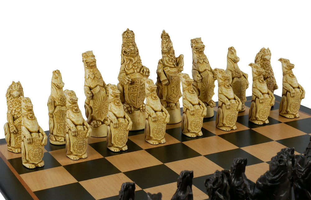 Chess Set - 5.8" Royal Beasts Resin Chess Pieces on Black/Birdseye Maple Chess Board (ONLINE ORDER ONLY)
