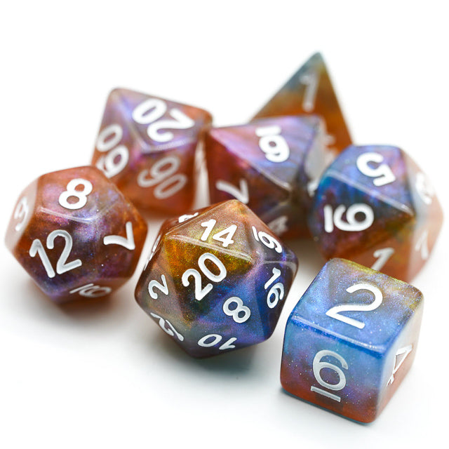 Brown & Blue w/white Galaxy Glitter 7-Dice Set RPG (Online Only)