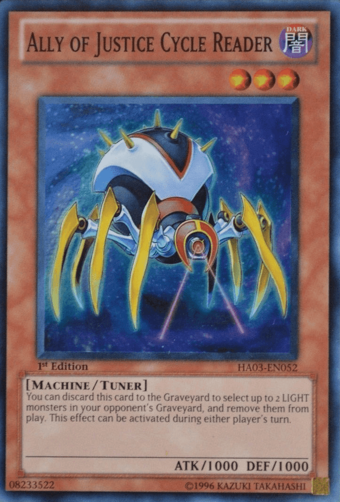 Ally of Justice Cycle Reader [HA03-EN052] Super Rare (ONLINE ORDER ONLY)