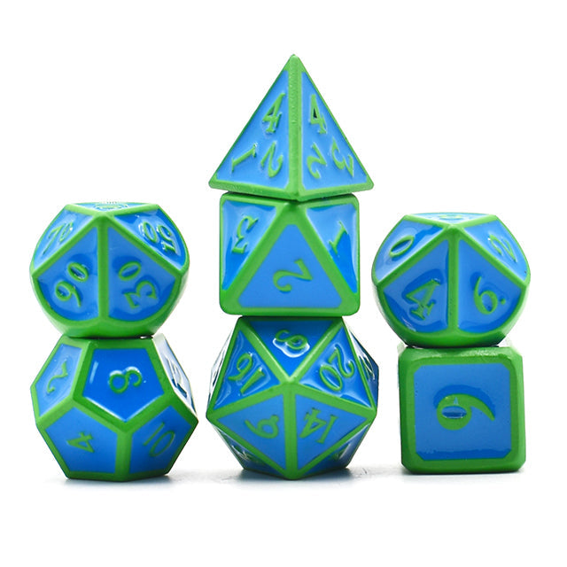 Green Paint Blue Enamel Metal Dice (Online Only)