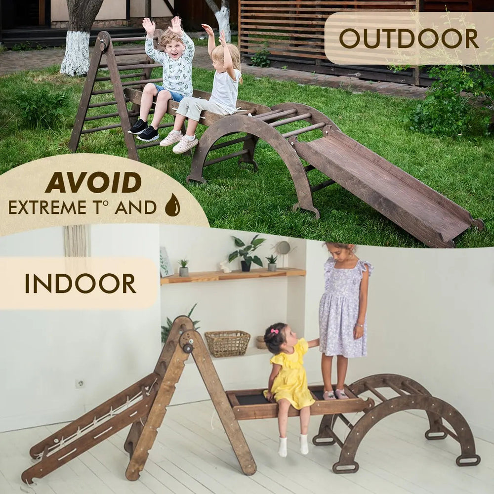 5in1 Montessori Climbing Set: Triangle Ladder, Climbing Arch, Slide, Net & Cushion – Chocolate (ONLINE ORDER ONLY)