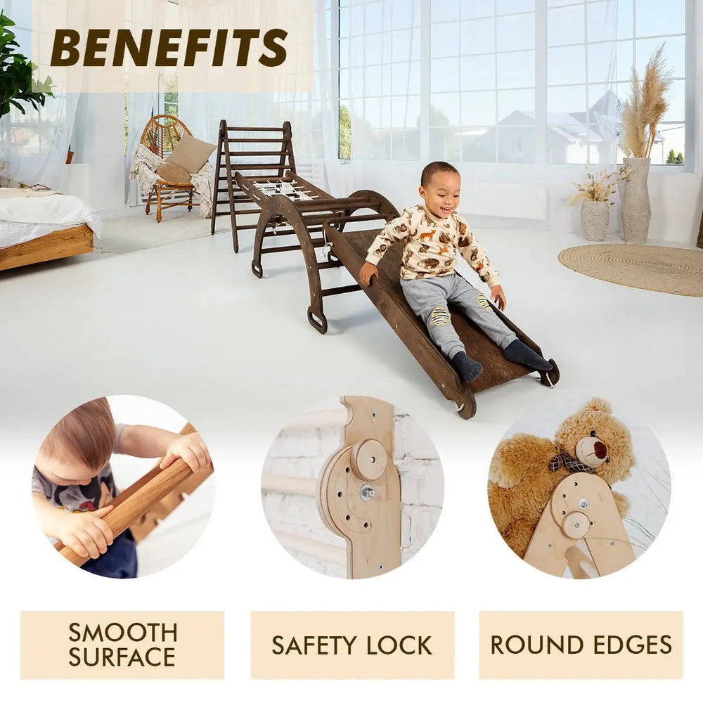 5in1 Montessori Climbing Set: Triangle Ladder, Climbing Arch, Slide, Net & Cushion – Chocolate (ONLINE ORDER ONLY)