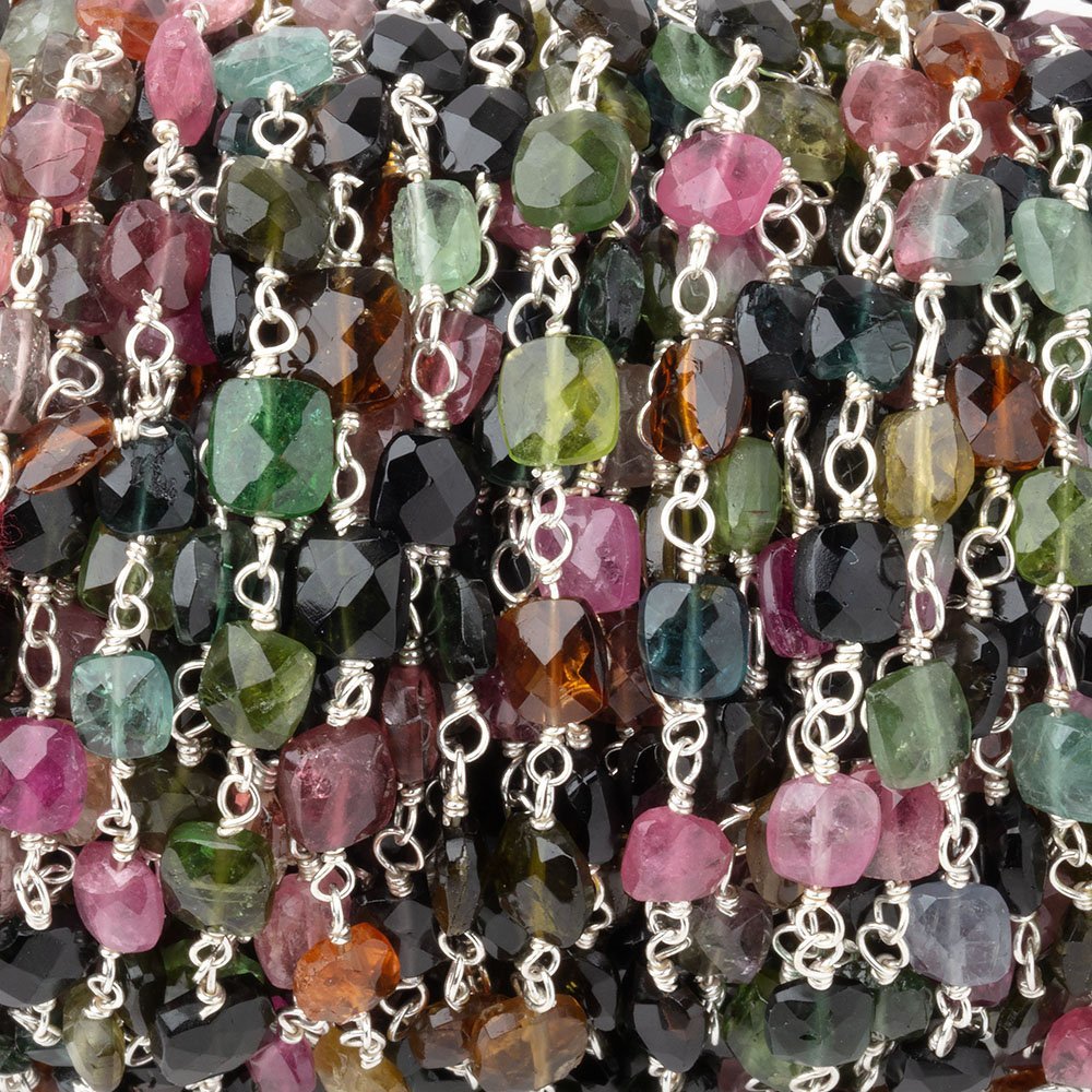 5x4.5mm Multi Color Tourmaline Faceted Rectangles on Sterling Silver Chain (ONLINE ORDER ONLY)