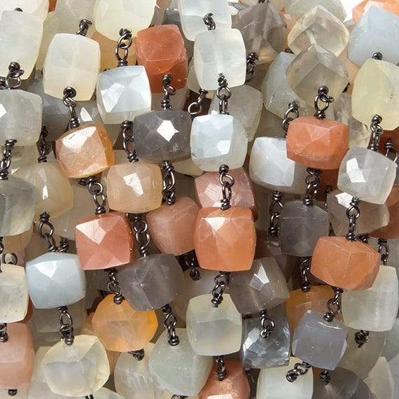 6-8mm MultiColor Moonstone cube Black Gold plated Silver Chain by the foot (ONLINE ORDER ONLY)