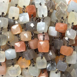 6-8mm MultiColor Moonstone cube Black Gold plated Silver Chain by the foot (ONLINE ORDER ONLY)