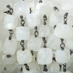 6-8mm Rainbow Moonstone cube Black Gold plated Silver Chain by the foot (ONLINE ORDER ONLY)