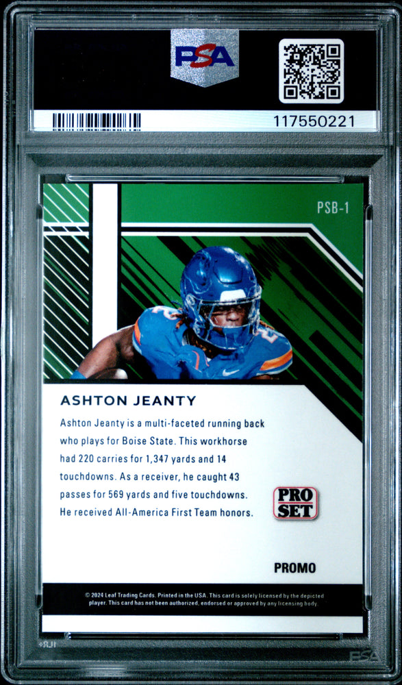 Graded 2024 Leaf Collective Promo Ashton Jeanty #PSB1 Pro Set Light Blue Shimmer Rookie RC Football Card PSA 10 Gem Mint (ONLINE ORDER ONLY)
