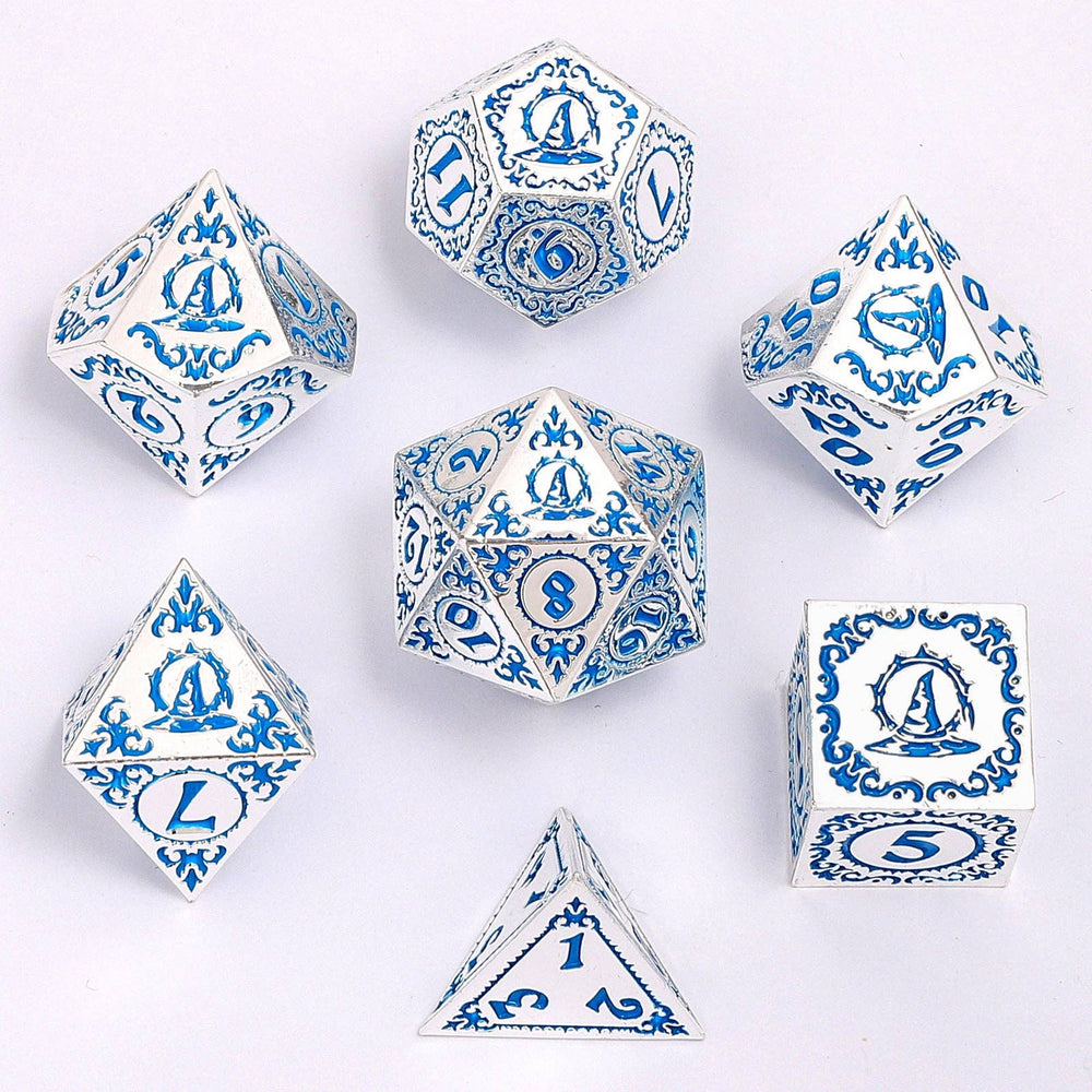 Wizard Solid Metal Polyhedral Dice Set - Silver with Blue (ONLINE ORDER ONLY)