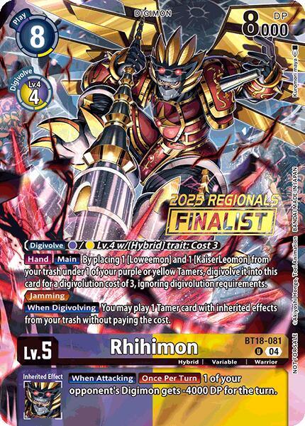 Rhihimon [BT18-081] (2025 Regionals Finalist) [Release Special Booster Ver.2.0 Promos] (ONLINE ORDER ONLY)