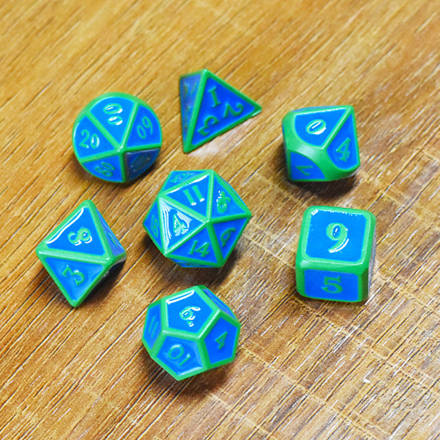 Green Paint Blue Enamel Metal Dice (Online Only)