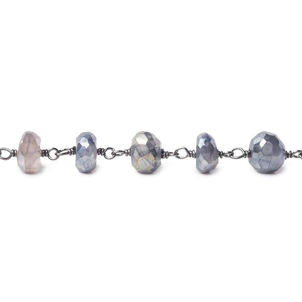 6.5-7mm Silver Mystic Platinum Moonstone faceted rondelle Black Gold .925 Silver Chain by the foot 32 beads