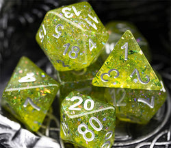 Green Cloud Brocade Powder 7-Dice Dnd Dice | Glitter w/Silver Numbers Set (Online Only)