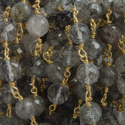6.5mm Black Tourmalinated Quartz faceted round Vermeil Chain by the foot 24 pieces (ONLINE ORDER ONLY)