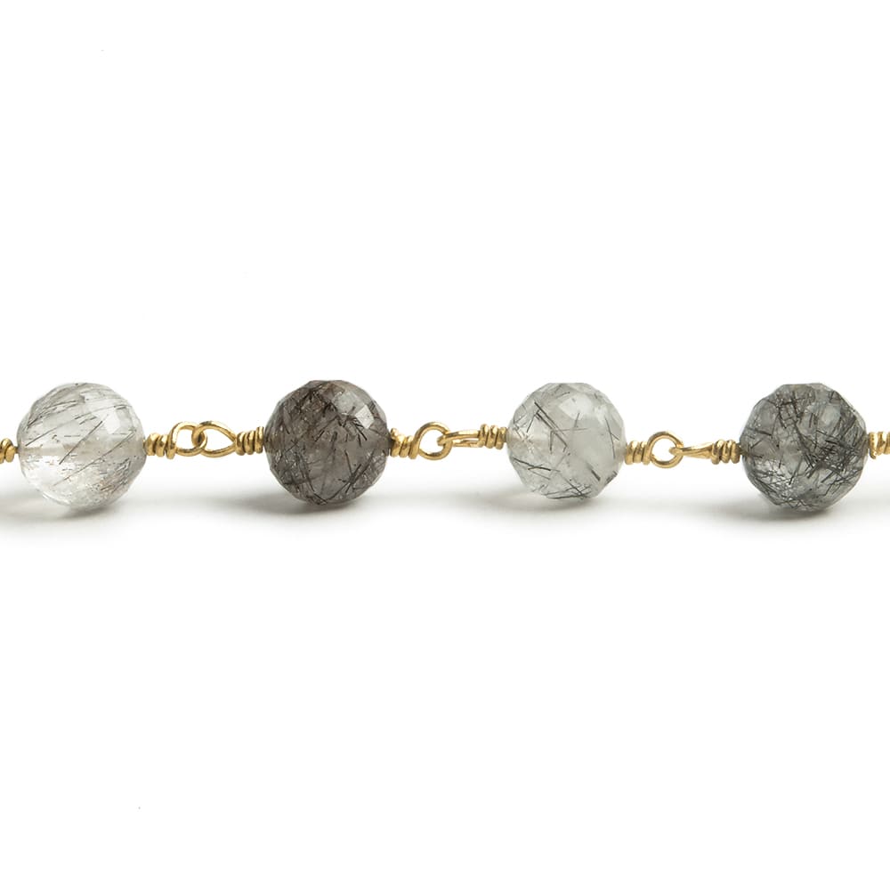 6.5mm Black Tourmalinated Quartz faceted round Vermeil Chain by the foot 24 pieces (ONLINE ORDER ONLY)