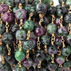 6.5mm Ruby in Zoisite faceted round beads on Vermeil Chain (ONLINE ORDER ONLY)