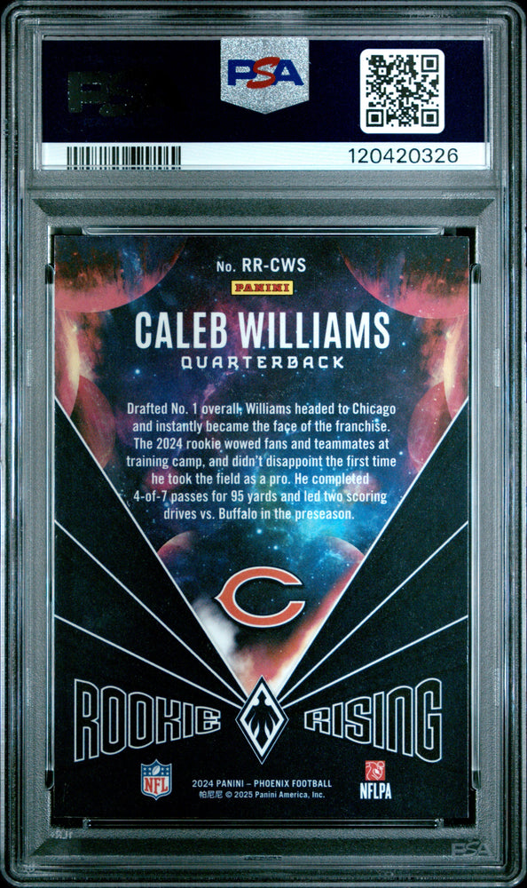 Graded 2024 Panini Phoenix Caleb Williams #RRCWS Rookie Rising Purple Rookie RC Football Card PSA 10 Gem Mint (ONLINE ORDER ONLY)