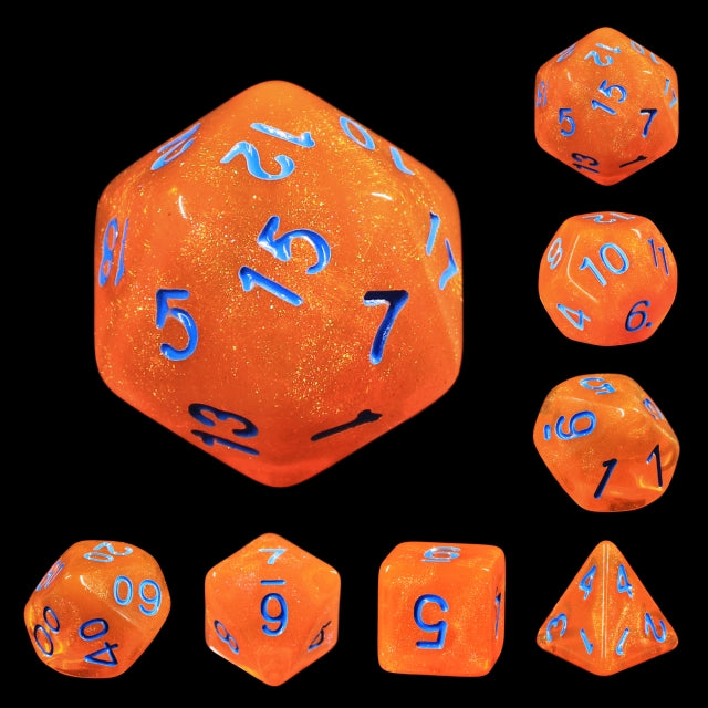 Pumpkin's Orange Glitter with Blue Numbering 7-Dice Set RPG (Online Only)