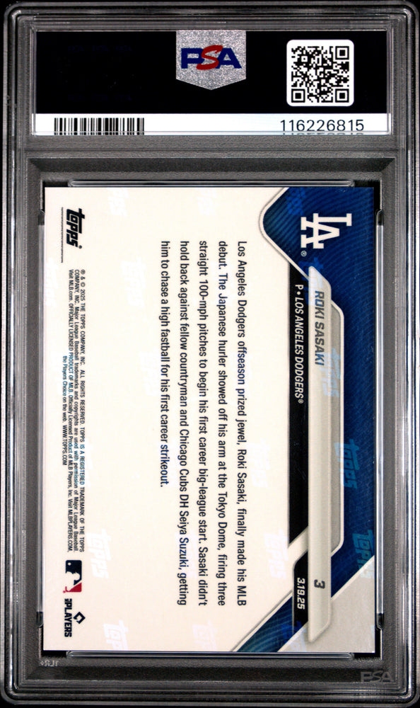 Graded 2025 Topps Now Roki Sasaki #3 Rookie RC Baseball Card PSA 9 Mint (ONLINE ORDER ONLY)