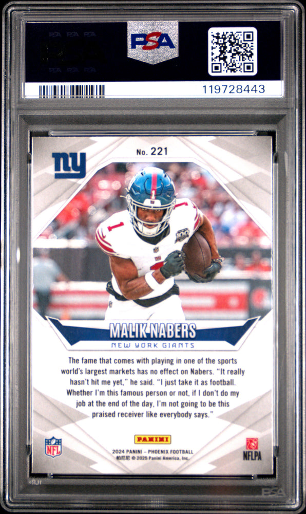 Graded 2024 Panini Phoenix Malik Nabers #221 Lazer Rookie RC Football Card PSA 10 Gem Mint (ONLINE ORDER ONLY)