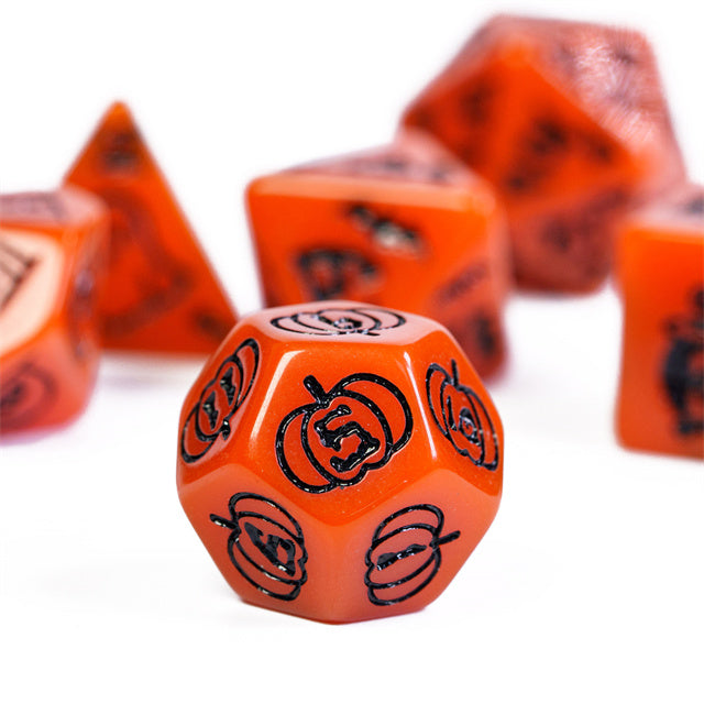 Halloween Orange w/Black | Pumpkin/Ghost/Bat/Cauldron 7-Dice Set DND (Online Only)