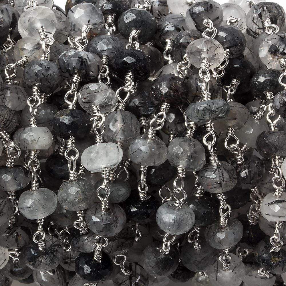 6mm Tourmalinated Quartz faceted rondelle Silver Chain by the foot 30 pieces (ONLINE ORDER ONLY)