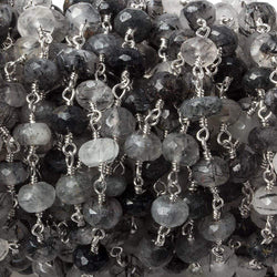 6mm Tourmalinated Quartz faceted rondelle Silver Chain by the foot 30 pieces (ONLINE ORDER ONLY)
