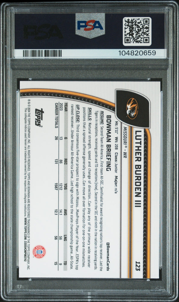 Graded 2024 Topps Bowman U Sapphire Luther Burden III #123 Rookie RC Football Card PSA 10 Gem Mint (ONLINE ORDER ONLY)