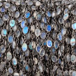 6x5mm Rainbow Moonstone Faceted Oval Cabochon Black Gold .925 Bezeled Chain