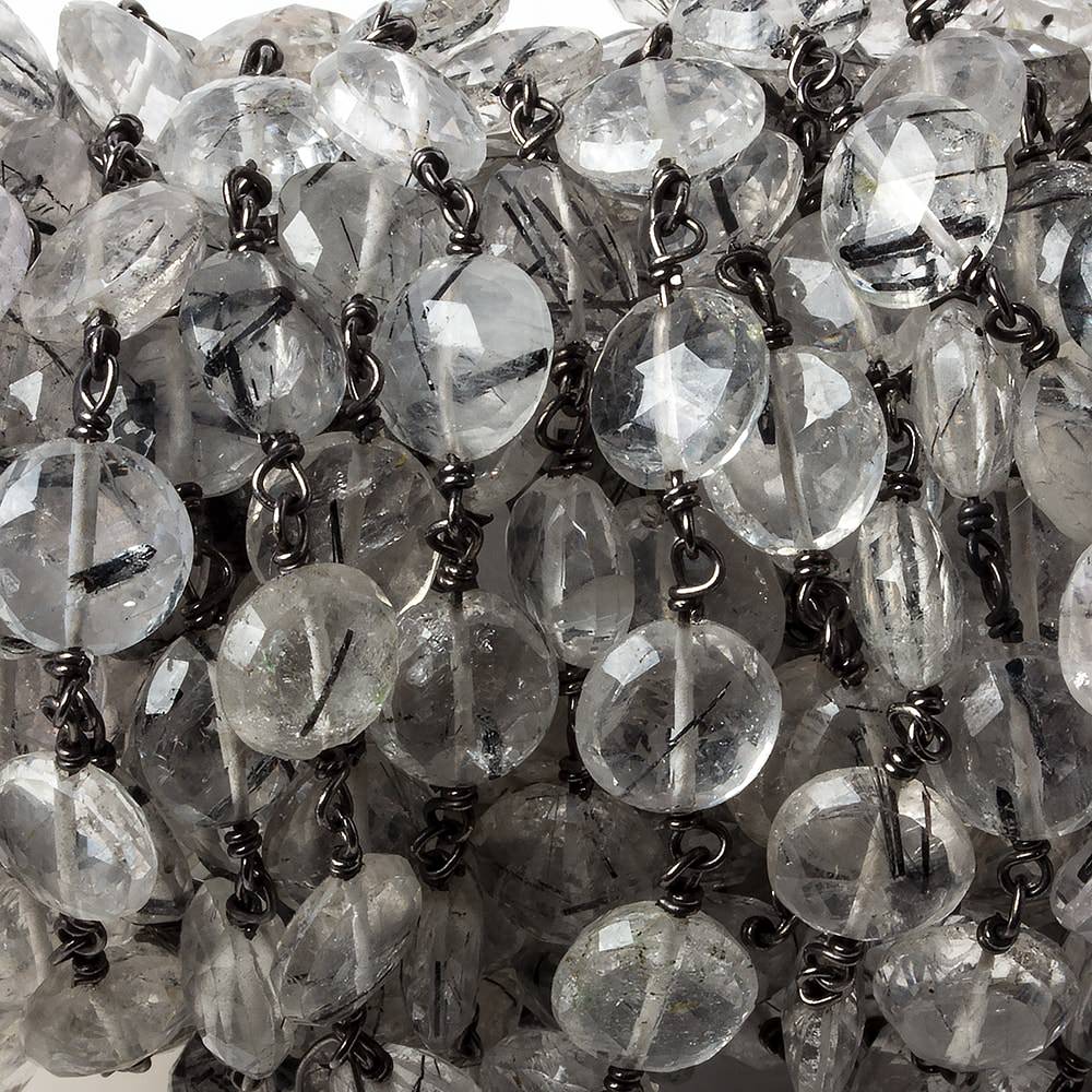 7-8mm Black Tourmalinated Quartz coin Black Gold .925 Silver Chain by the foot