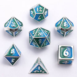 Solid Metal Mini Behemoth Dice set - Silver with Green Blue (ONLINE ORDER ONLY)
