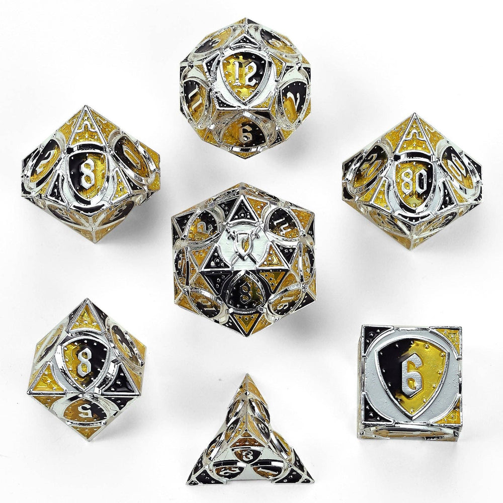 Solid Metal Fighter Class RPG Dice Set - Silver/Yellow/Black (ONLINE ORDER ONLY)