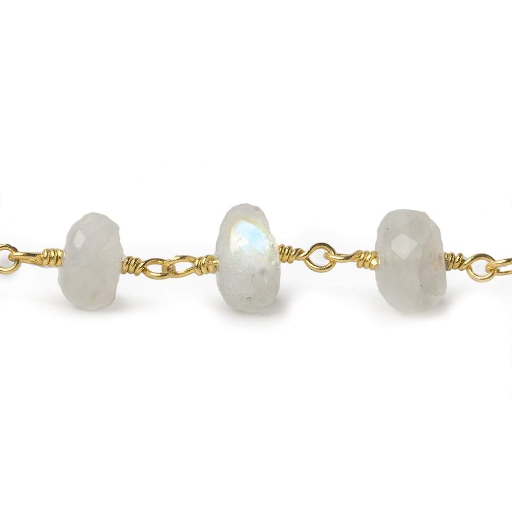 7.5-8mm Rainbow Moonstone faceted rondelle Gold Chain by the foot 28 pieces (ONLINE ORDER ONLY)